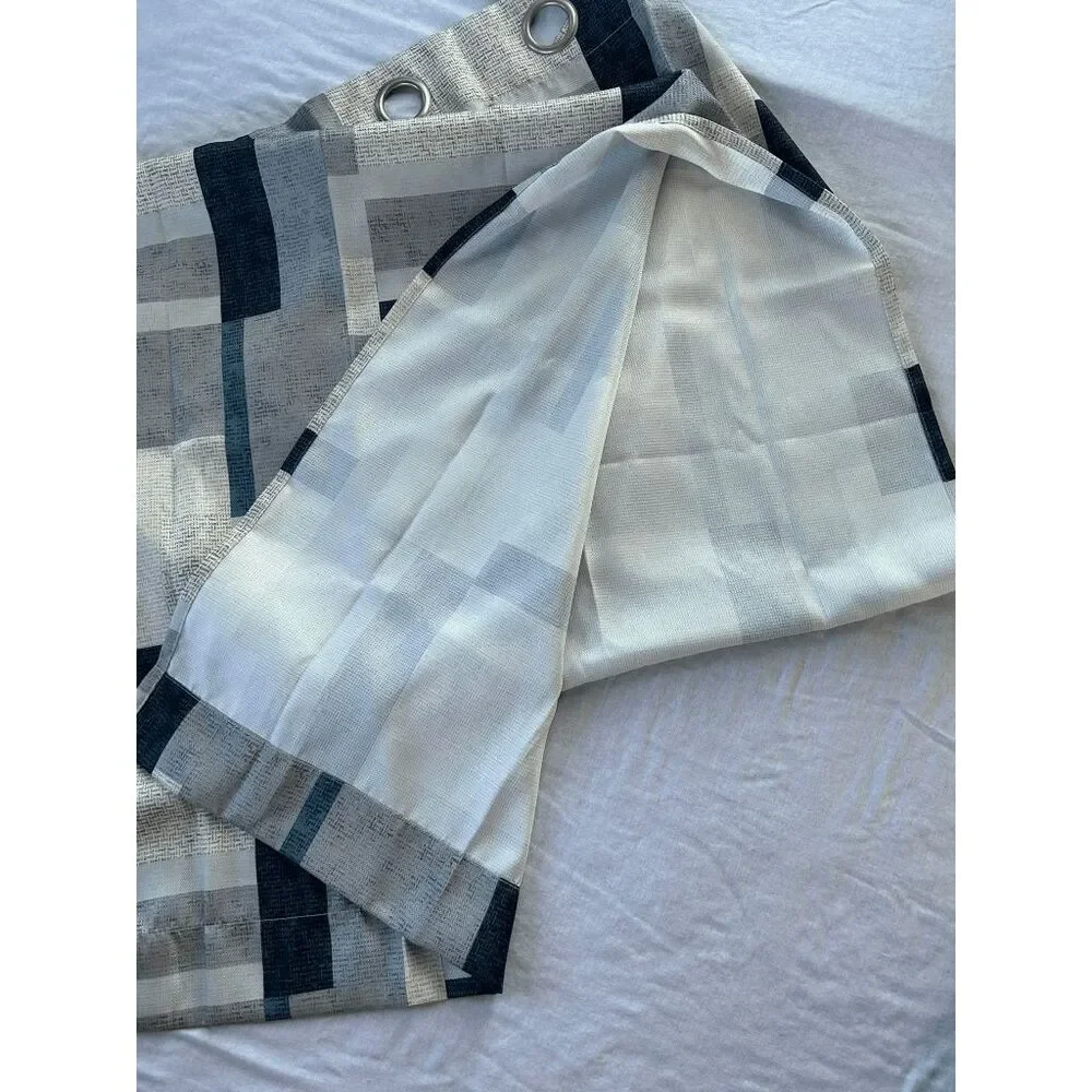 Grommet Panel Curtain Set of Two, Blue/ Cream/Gray Geometric Pattern, Long 84x39